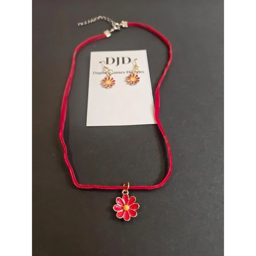 Handmade Red Cord Flower Choker & Earrings Set | Gold Accent Set